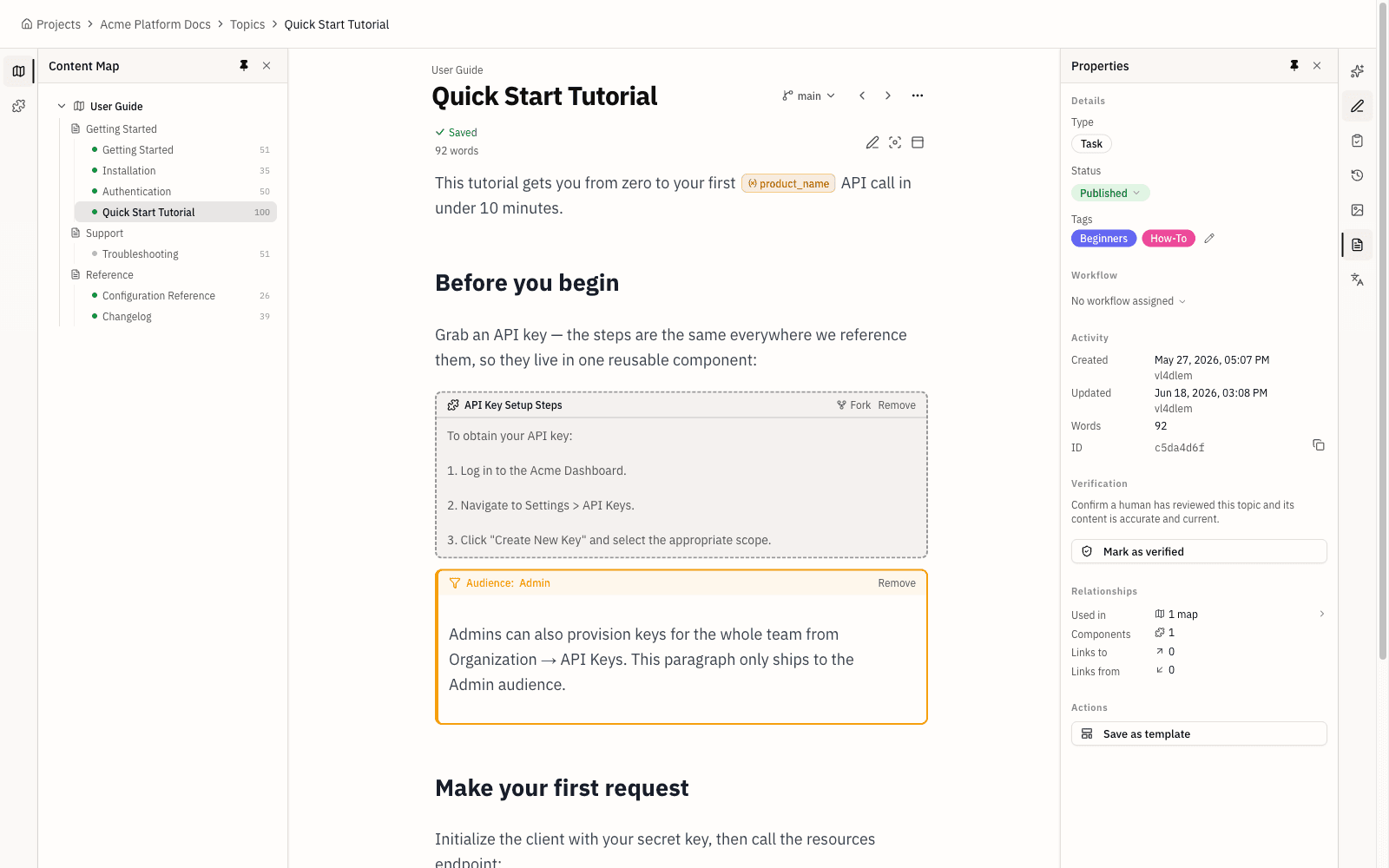 The Topicary topic editor showing structured authoring: a reusable component, an audience-conditioned block, and a variable token in one document, with the content map and properties panels open