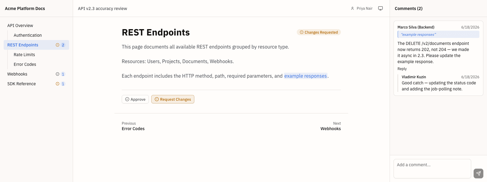 A subject-matter expert reviewing a topic through a no-login link: an inline comment anchored to a passage, with Approve and Request Changes controls and a threaded reply