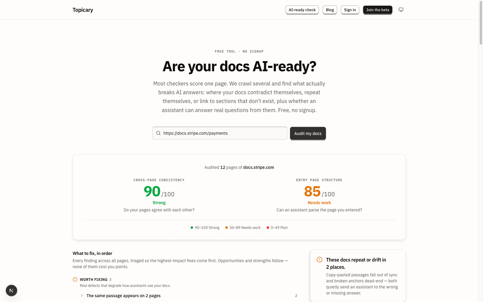 The free AI-readiness audit results: cross-page consistency and entry-page structure scores for a documentation site, with a prioritized list of fixes to make
