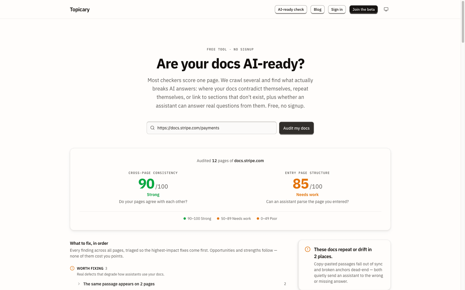 The free AI-readiness audit results: cross-page consistency and entry-page structure scores for a documentation site, with a prioritized list of fixes to make