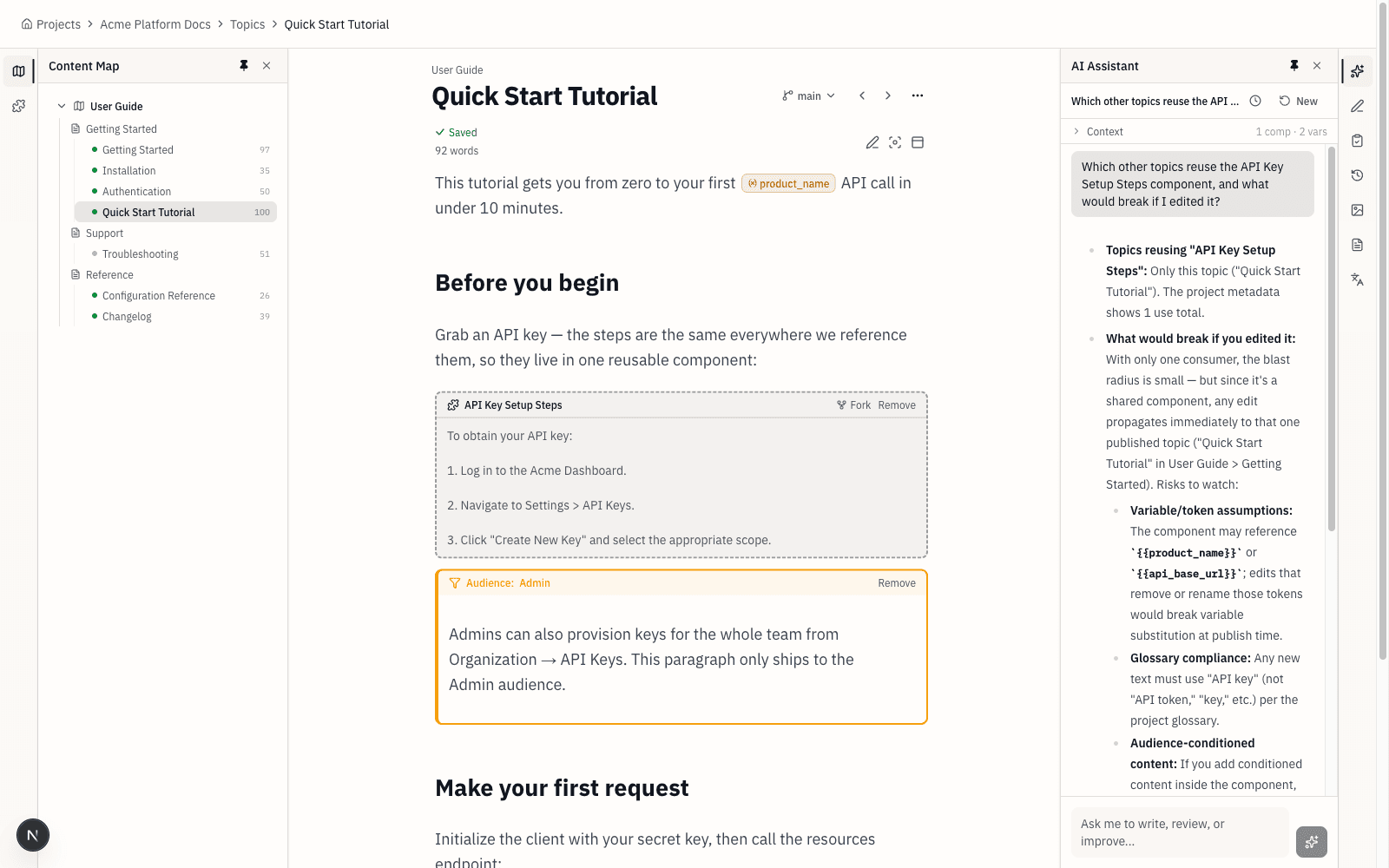 The Topicary AI assistant reasoning about the content graph: it lists which topics reuse a shared component and what an edit would affect, alongside the live document