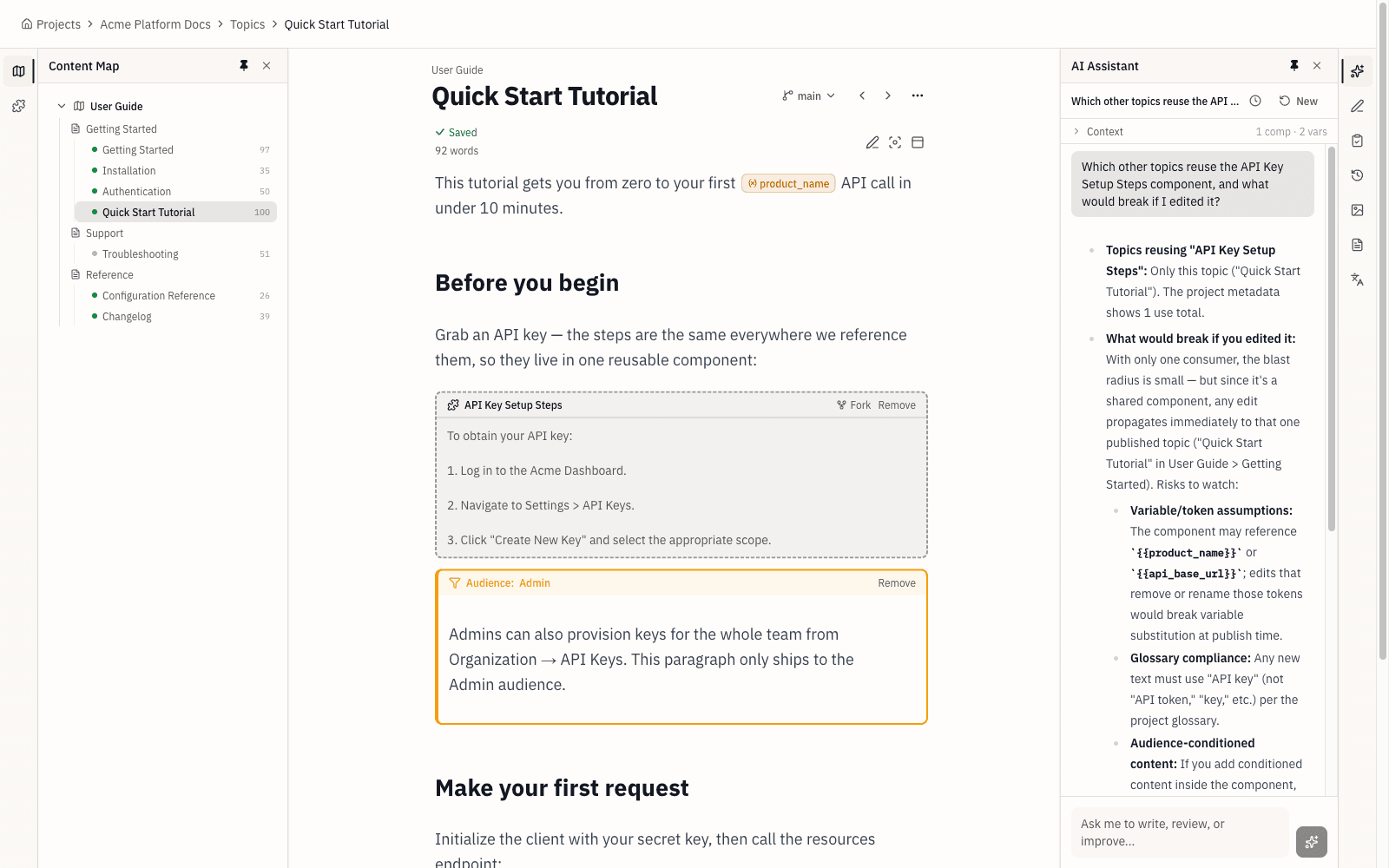 The Topicary AI assistant reasoning about the content graph: it lists which topics reuse a shared component and what an edit would affect, alongside the live document